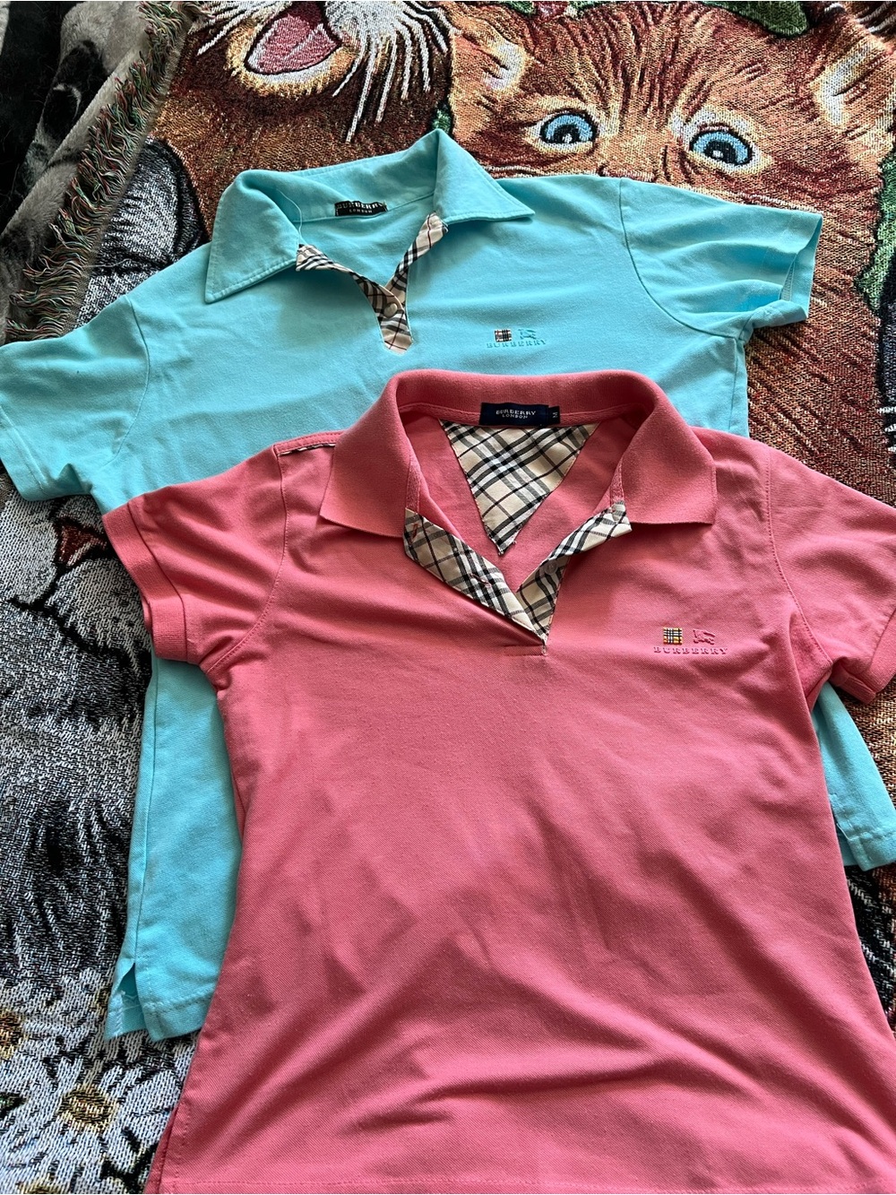 Burberry Pink and Aqua Short Sleeve Polo Tops - Picture 1 of 4